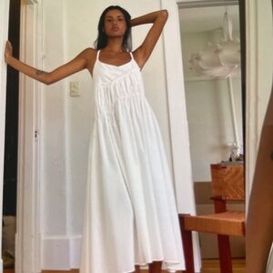 Oak+Fort White Midi Dress with Asymmetrical Ruching, 100% Cotton, Small